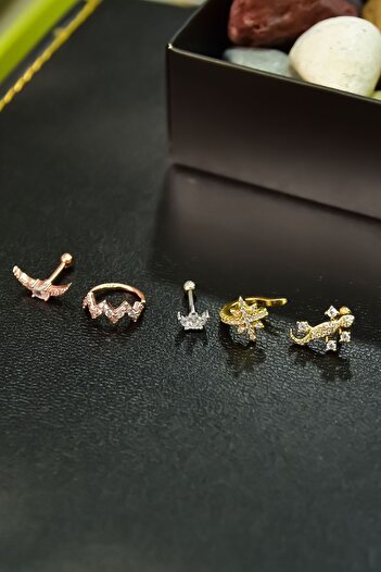 Papatya Silver Steel Three-Colored 5-Piece Combination Tragus Earrings Model9