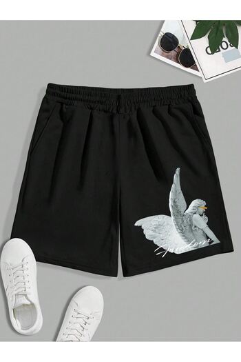 DUBU BUTİK Freedom Sculpture Combed Cotton Shorts - Black Printed Short Without Cord