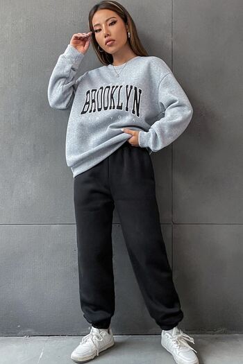 Sweetline Set de trening 1898 Brooklyn Hanorac Jogger - Gri Negru Imprimat Oversize Ribbed Decoltear