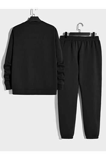 Mythologie Unisex Black Shutter Time Printed Bottom Top Tracksuit Set Oversize Crew Neck