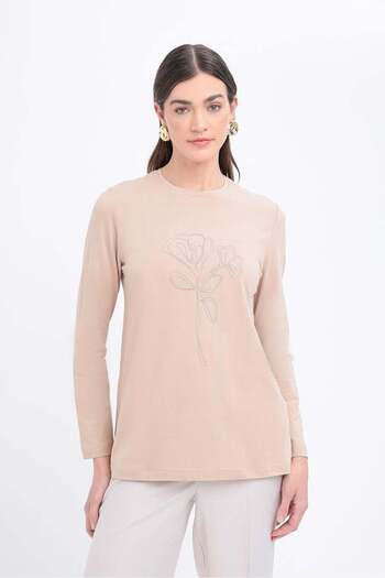 ALLDAY Beige-Chain Embroidered Long Sleeve Lycra T-Shirt