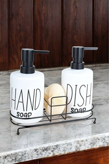 Qerhome Set of 2 Sponge Soap Dispenser with Metal Stand - Kitchen Liquid Soap Dishwashing Liquid Bottle 400ml - White