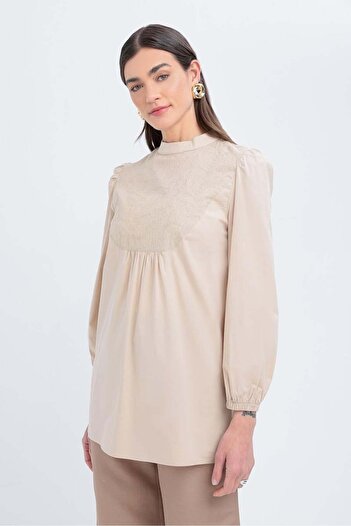 ALLDAY Beige-Fisto Garnished Elasticated Poplin Tunic with Sleeves