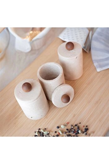 Akayev Marble Travertine Wooden Handle 3-Piece Spice Rack