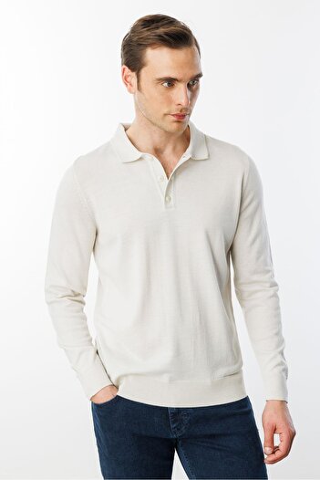 Desen Triko Men's Basic Polo Neck Slim Knit Sweater Bone
