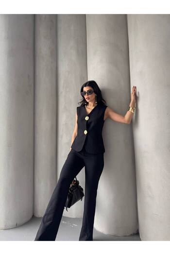 ZF BUTİK Women's Gold Buttoned Vest Pants Suit