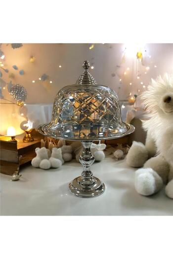 LAMEDORE Lemadore Dc Round Footed Cake Stand with Glass Cover Nickel 24X34 cm