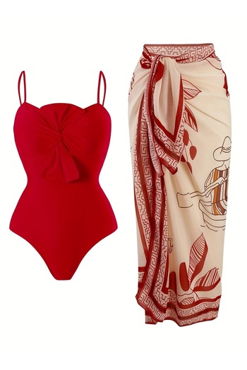 Behills Vintage Pareo Strapless Swimsuit Suit Second Layer Bow Detail