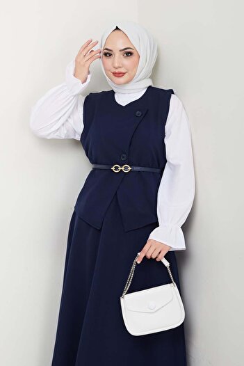 benguen Navy Blue 5704 Vest Skirt Suit