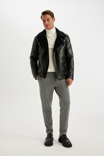 DeFacto Water Repellent Slim Fit Faux Leather Coat - Zippered and Pocketed, Lined A4392Ax24Wn