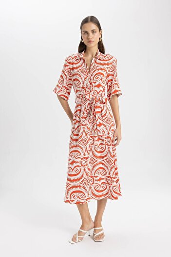 DeFacto Shirt Collar Print Short Sleeve Linen Blended Midi Dress A3413AX24SM