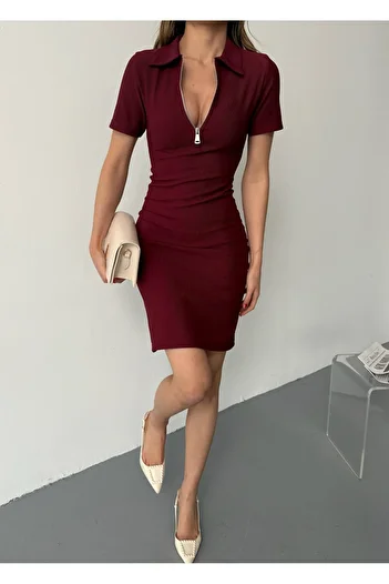 BEJNA Rochie de damă bordeaux cu fermoar cu gât polo