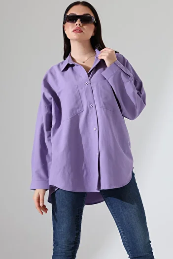 Corradeo Giyim Poplin Fabric Double Pocket Oversize Cotton Purple Women's Tunic Shirt