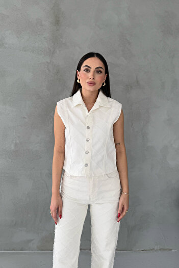 Seda Yalçın Atelier Ecru Diamond Patterned Denim Vest and Trousers Set