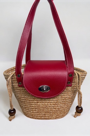 MaVaux Lily Genuine Leather Jute Straw Look Inner Lined Shoulder Bag