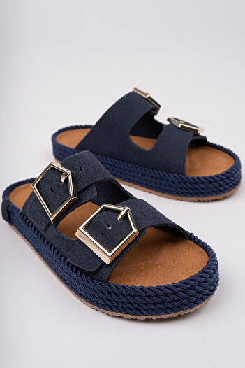 meyra'nın ayakkabıları Women's Navy Blue Orthopedic Sole Double Buckle Straw Slippers
