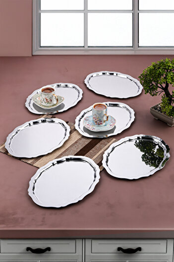 AHİR TİCARET 6 Adet Oval Dalgalı Sade Kahve Ve Sunum Tepsisi 20 Cm X 25 Cm