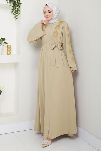 hafsamina Flower Stone Belted Ferace, Beige Hm2713