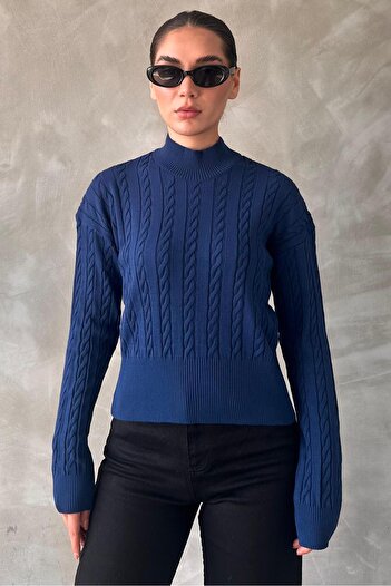 Madmext Indigo Half Turtleneck Braided Knitwear Women's Sweater Mg2257