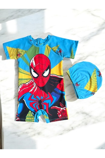 Lyrax Spiderman Patterned Boys' Protected Swimwear, Swimming Cap (Set of 2)