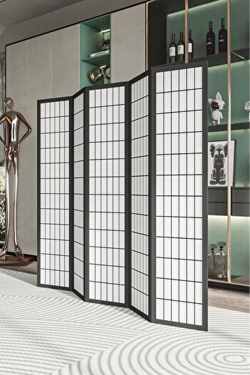 Fupe Shop Doğal Ahşap Japon Stil Çizgisel Tek Taraf Baskılı 5 Kanat Paravan Seperatör Oda Bölme