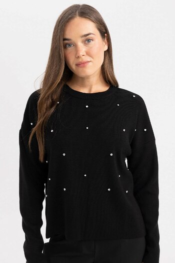 DeFacto Regular Fit Crew Neck Stoned Black Knitwear Sweater R0726Az24Wn