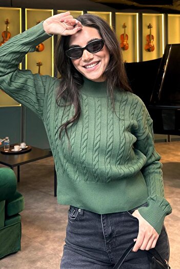 Madmext Green Half Turtleneck Braided Knitwear Women's Sweater Mg2257