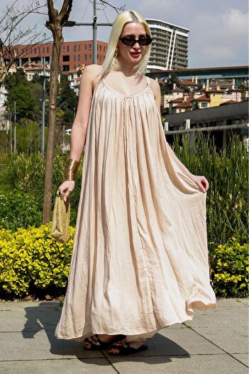 Madmext Beige Long Basic Women's Dress - Crew Neck, Strap MG2163