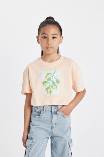 DeFacto Girl - Crop Crew Neck Printed T-Shirt D0869A824HS