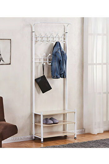 Generic Metal Clothes Hanger Organizer and Clothes Rack with Hooks and 3 Shoe Racks | White 190x66x30 cm