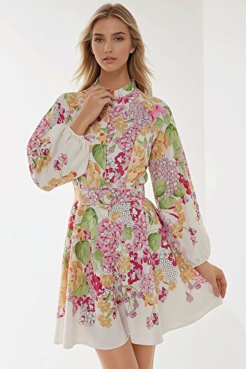 Hiccup Printed Long Sleeve Belted Mini Dress