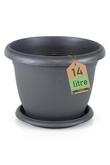 ToXA 14 litre Ø36x25 cm Yuvarlak Büyük Boy Mat Plastik Saksı Villa No8 Tabaklı Antrasit Gri