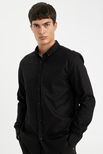 DeFacto Regular Fit Oxford Pocket Detail Long Sleeve Basic Plain Black Shirt 3148021