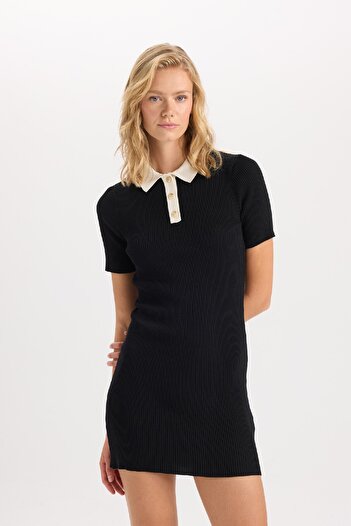 DeFacto A-Line Polo Neck Basic Straight Rib Look Viscose Short Sleeve Mini Dress D3477Ax24Au
