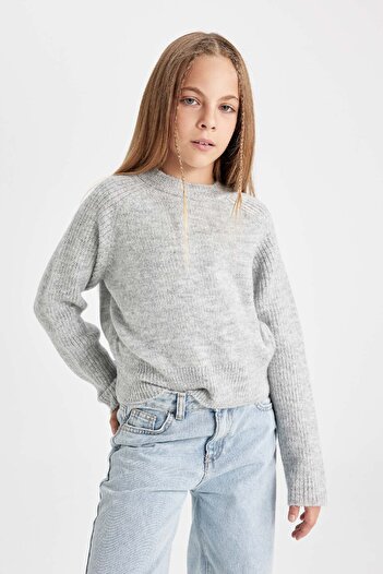 DeFacto Girl's Gray Crew Neck Basic Plain Knitwear Sweater C9554A824Au