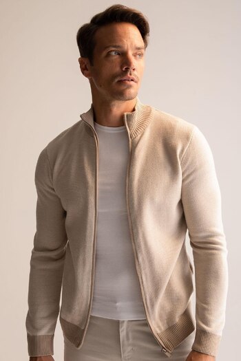 DeFacto Beige Standard Fit Regular Cut Stand Collar Zippered Knitwear Cardigan R1686Az24Au