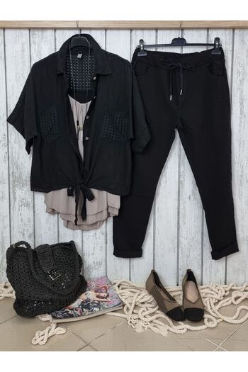 pudubutik Scalloped Linen Shirt Jacket Italian Black