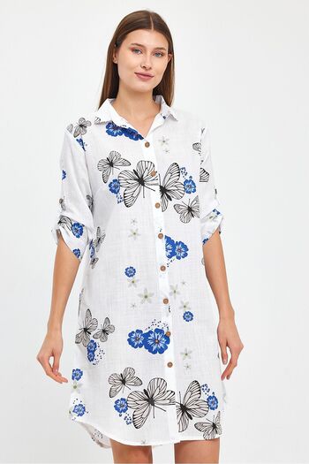 TCT TEKSTİL Patterned Three Quarter Sleeve Tunic - Full Button - Slub Tunic - 1550