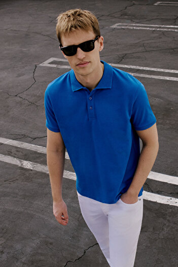 ALTINYILDIZ CLASSICS Men's Blue Polo Collar Slim Fit T-Shirt - 100% Cotton, Uncurlable Pique