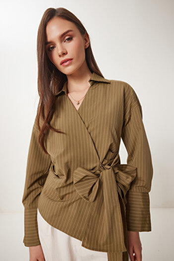 Happiness İstanbul Női khaki csíkos ing Poplin blúz US00962