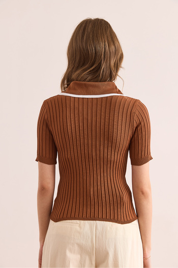 Olalook Women's Camel Hair Polo Neck Button Detailed Crop Knitwear Blouse Blz- 19002642