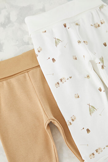 TRENDYOLKIDS Ecru-Camel 2-Piece Baby Boy 100% Cotton Animal Printed Knitted Trousers Tkdss25Pl00012