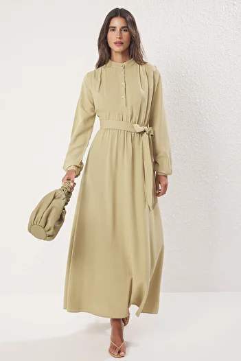 Trendyol Modest Χακί ελαστική μέση λινό υφαντό φόρεμα TCTSS25EB00124