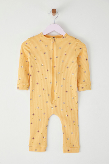 TRENDYOLKIDS Mustard Baby Girl Cotton Floral Printed Long Sleeve Knitted Romper Tkdss25Tu00013