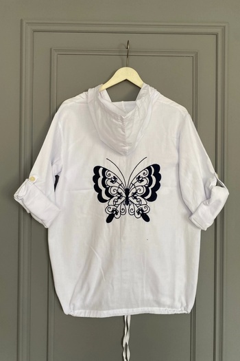 Bİ.GİYSEN Women's White Large Size Back Butterfly Embroidered Sleeve Fold Cotton Linen Fabric Shirt Jacket