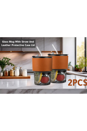 Generic Coffee cup with straw leather holder black 2 PCS 450ml