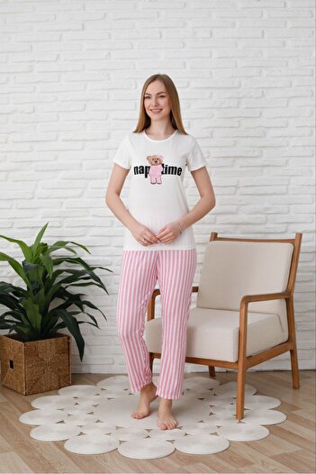 Huq Moda Women's Naptime Printed Pink Striped Short Sleeve Six Long Combed Cotton Fabric Summer Pajamas Set