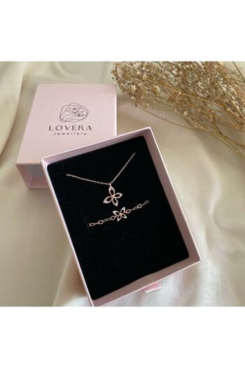 Lovera Jewellery 925 Ayar Gümüş Rose Zirkon Taşlı Kelebek Set (KOLYE,BİLEKLİK) Kadın Özel Gün Doğum Günü Hediyesi