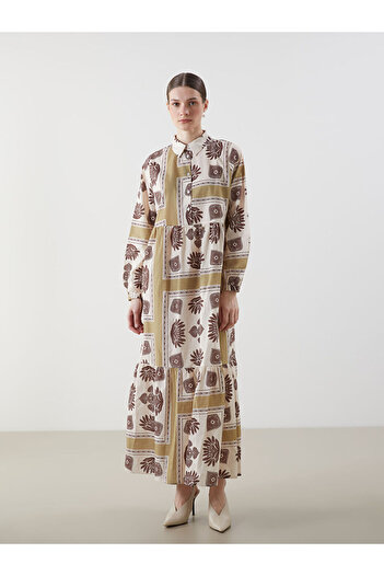 LC Waikiki Lcw Modest Green Shirt Collar Print Women's Dress