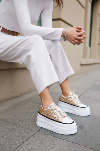 ANGELİNA JONES Vardy Women's Gold Sequin Lace up Wedge Sole Sneaker